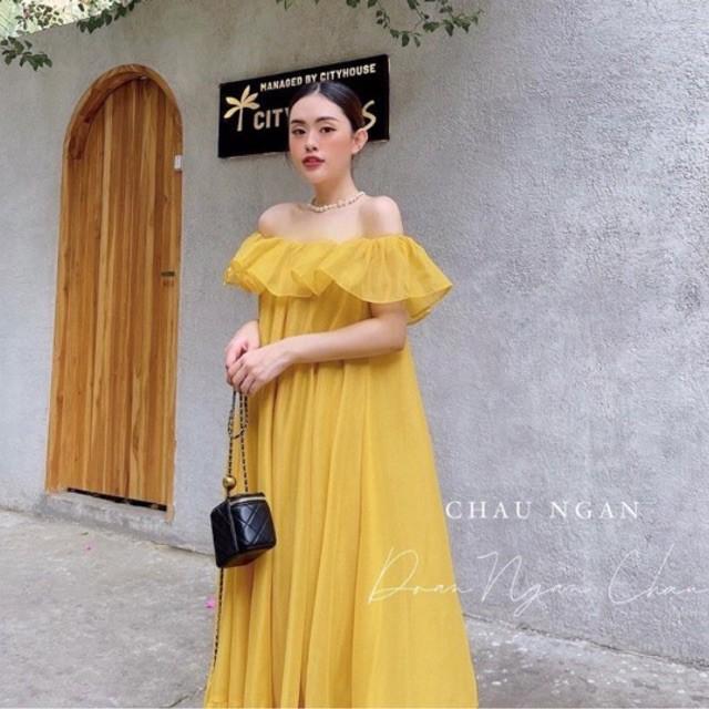 Váy Maxi Vàng Trễ Vai Dáng Suông Siêu Xinh Có Ảnh Thật Kèm Video