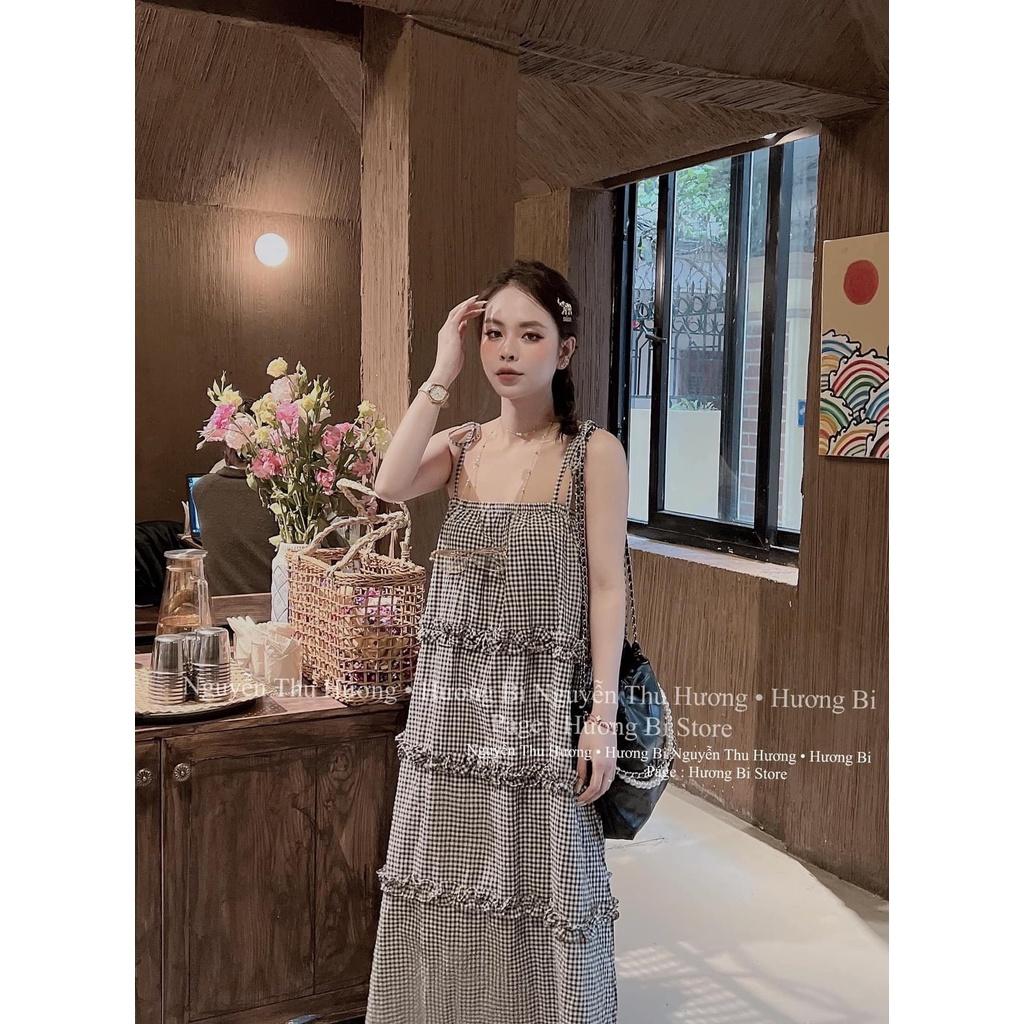 VÁY ĐI CHƠI, VÁY MAXI KẺ 2 DÂY DÁNG XÒE TẦNG CỰC HOT HIT