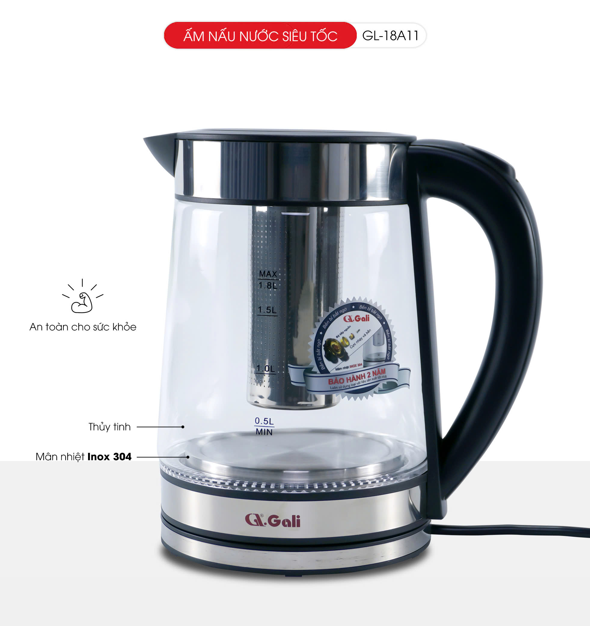 Ấm Nấu Nước Siêu Tốc Thủy Tinh Gali GL-18A11–Dung Tích 1.7L–Lưới Lọc Pha Trà–Mâm Nhiệt Inox 304–Tự Ngắt An Toàn