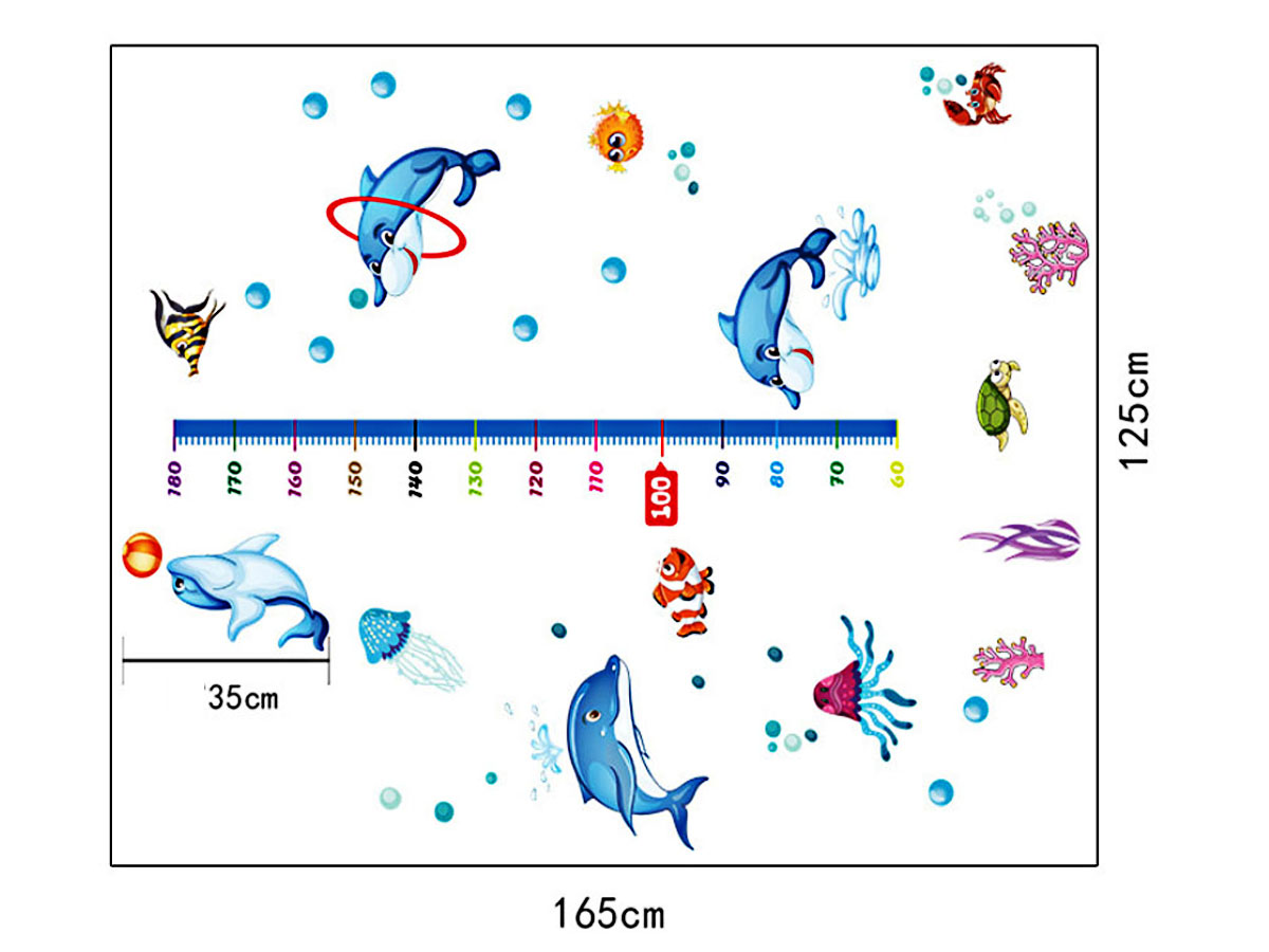 Decal dán tường thước đo chiều cao cho bé thước cá heo ngộ nghĩnh sk9034