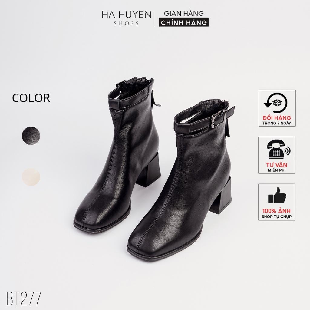 Giày boot nữ Hà Huyền Shoes bốt da mũi tròn cổ đai kim loại gót vuông 5 phân - BT277