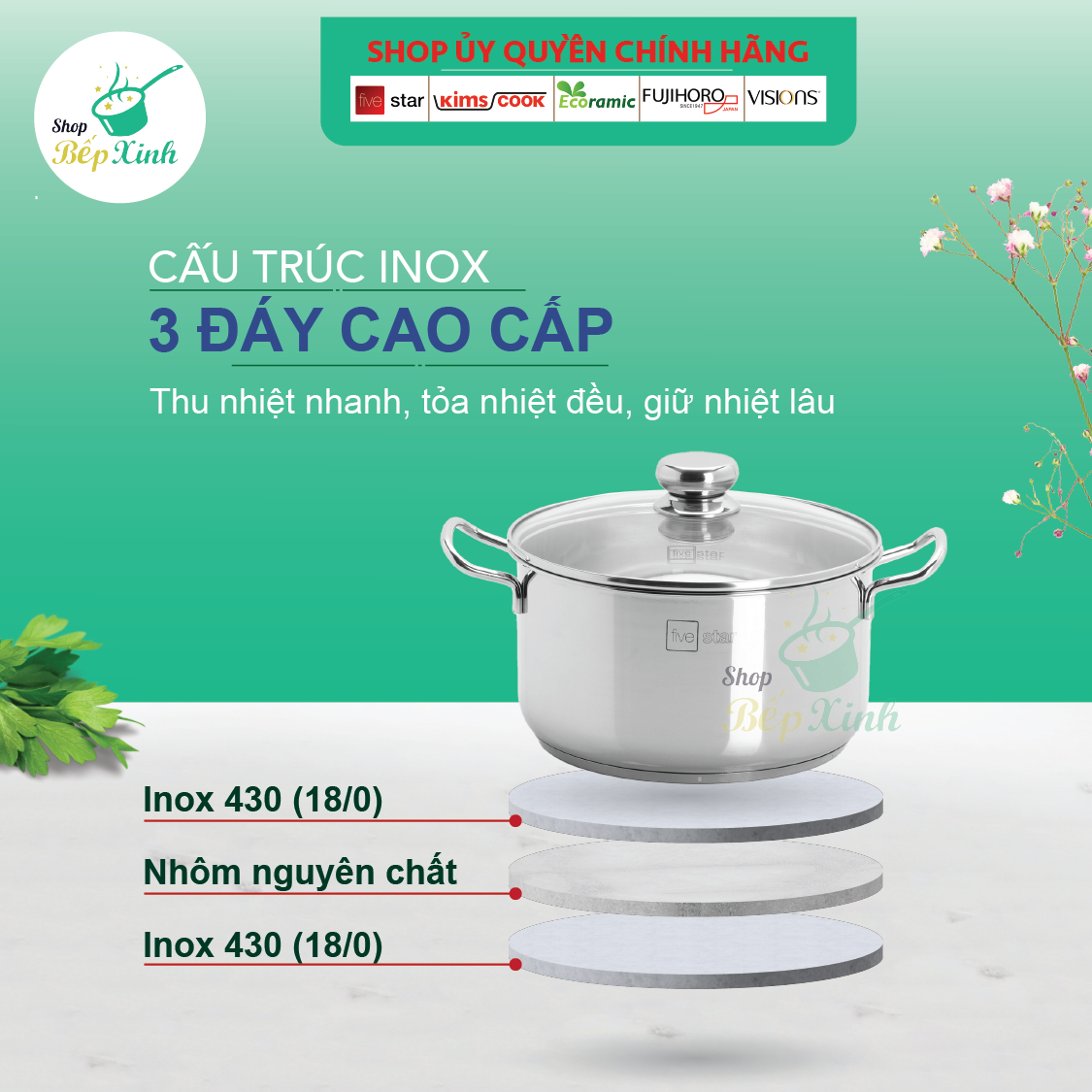 Nồi 3 đáy inox 430 FiveStar Standard bếp từ nắp kính - tặng 2 vá canh ( 16cm / 20cm /24cm )