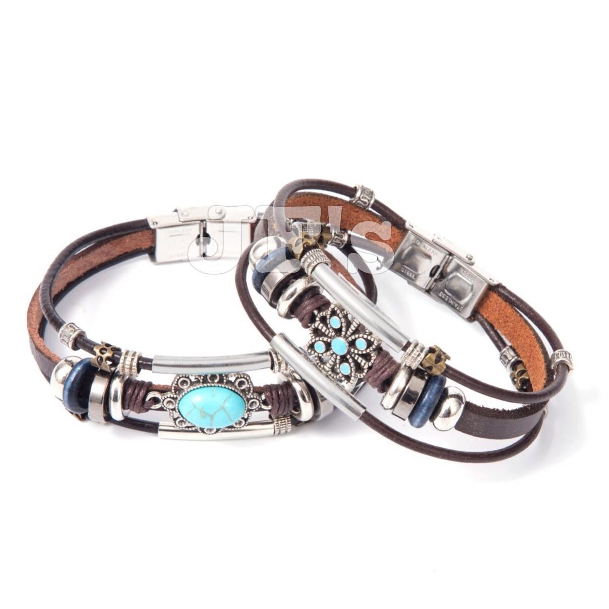 Vòng tay da khoá thép ko gỉ, vòng tay phong cách bohemian unisex