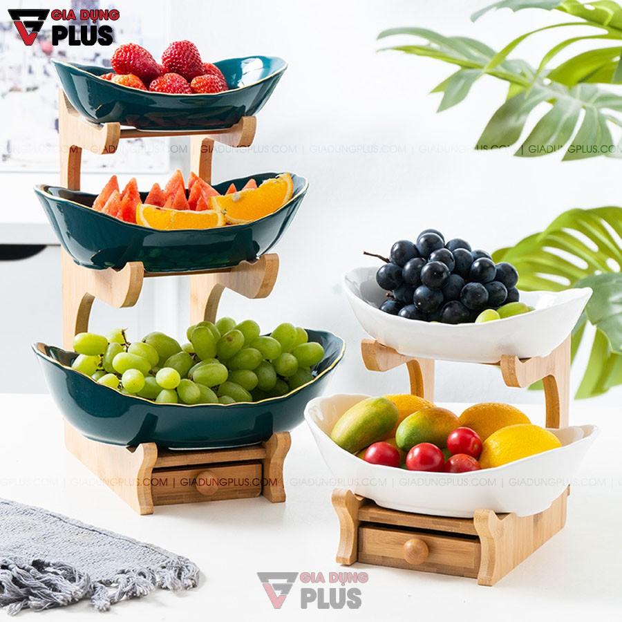 Đĩa Trái Cây Gốm Sứ Nhiều Tầng Kèm Kệ Gỗ Sang Trọng | Màu Xanh Ngọc Lục Bảo & Màu Trắng | Phong Cách Bắc Âu