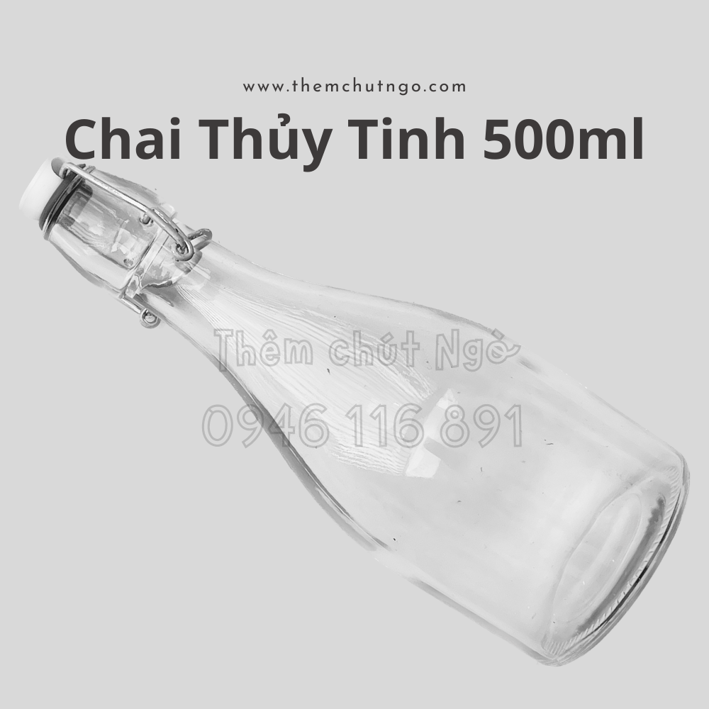 Chai thuỷ tinh nắp gài dáng lùn 500ml, chai thuỷ tinh nắp cài, chai gọng sắt