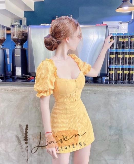 Đầm đũi nhăn tay phồng đính nút có mút ngực xinh lung linh