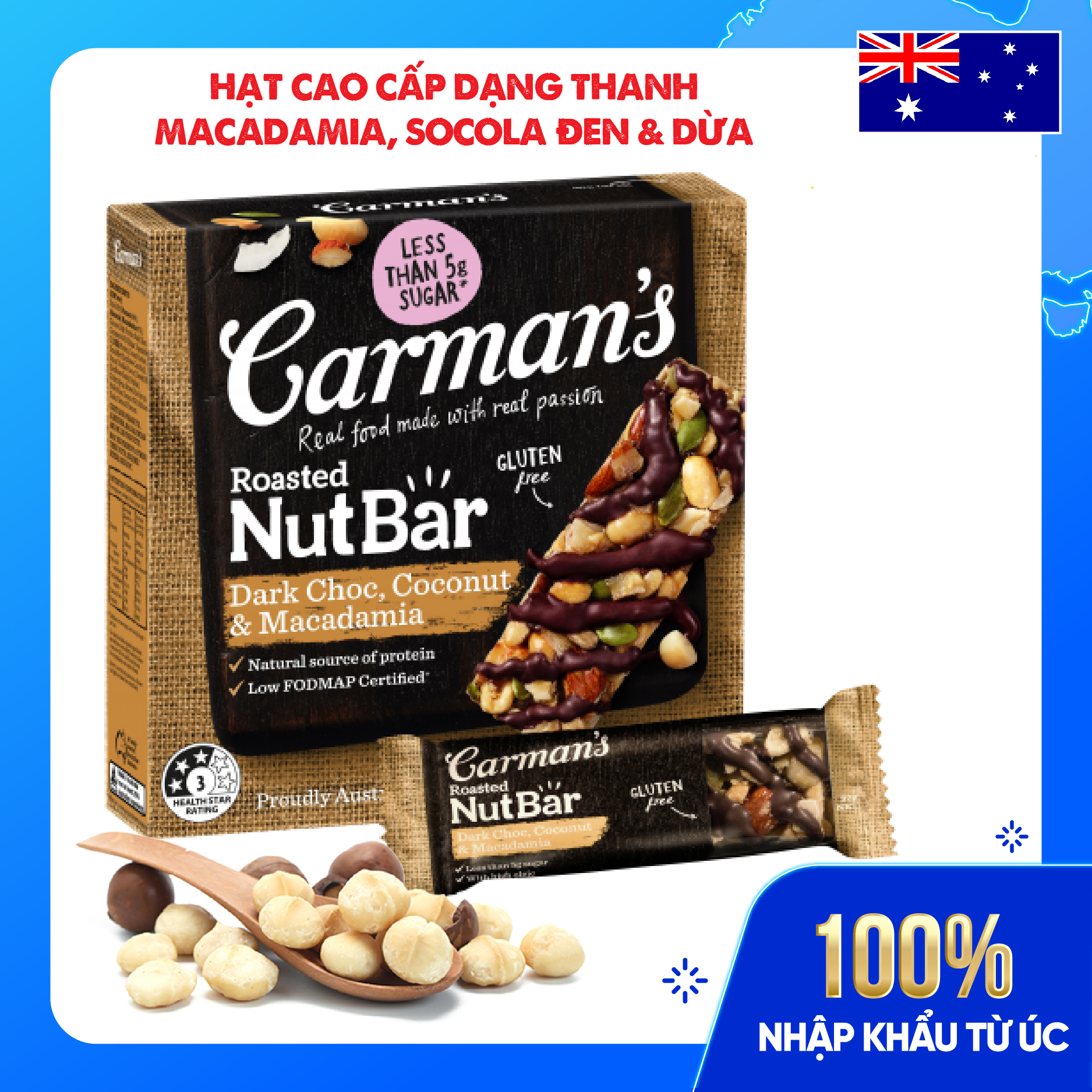 Thanh Hạt Carman's Nut Bar Dark Choc, Coconut, Macadamia - Chocolate đen, Dừa, Hạt Maca - 160g