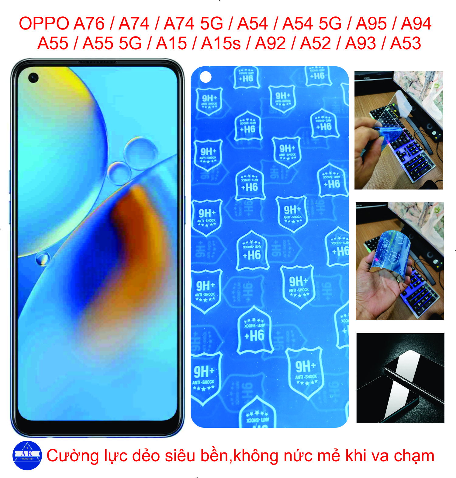 Cường lực dẻo 9H Dành cho OPPO A76 / A74 / A54 / A55 / A15 / A15s / A95 / A94 / A93 / A92/ A52 /A53