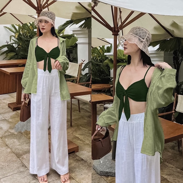 SET ÁO DÂY CROPTOP BIKINI LƯNG THUN ĐI BIỂN + QUẦN DÀI ỐNG SUÔNG ĐỨNG LƯNG CAO ỐNG RỘNG + ÁO SƠ MI RỘNG TRƠN DẠO PHỐ