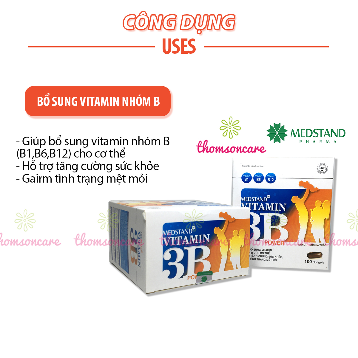 Bổ sung vitaminB1 B6 B12 và đông trùng hạ thảo - Vitamin 3B Medstand - Hộp 100 viên