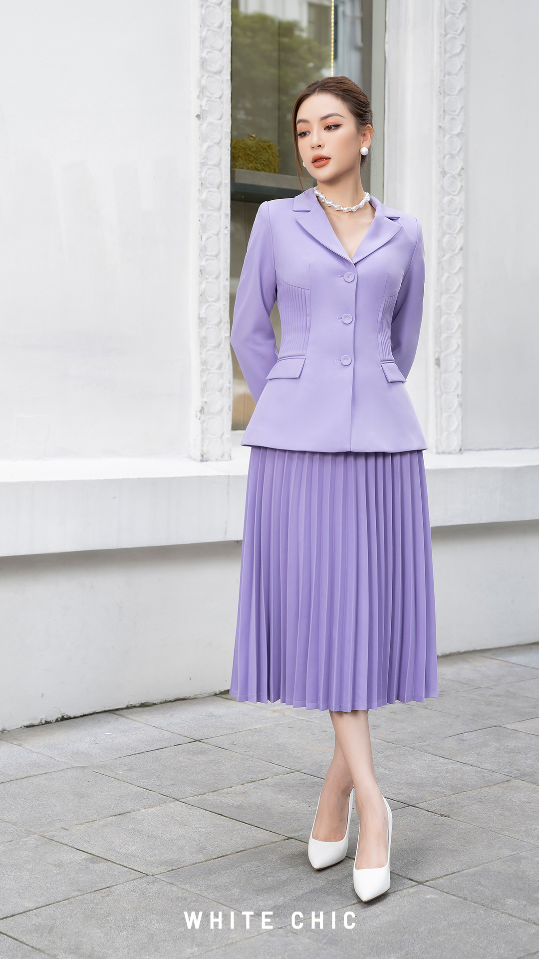 Set áo blazer &amp; chân váy Colonnade màu tím thiết kế cao cấp WHITE CHIC