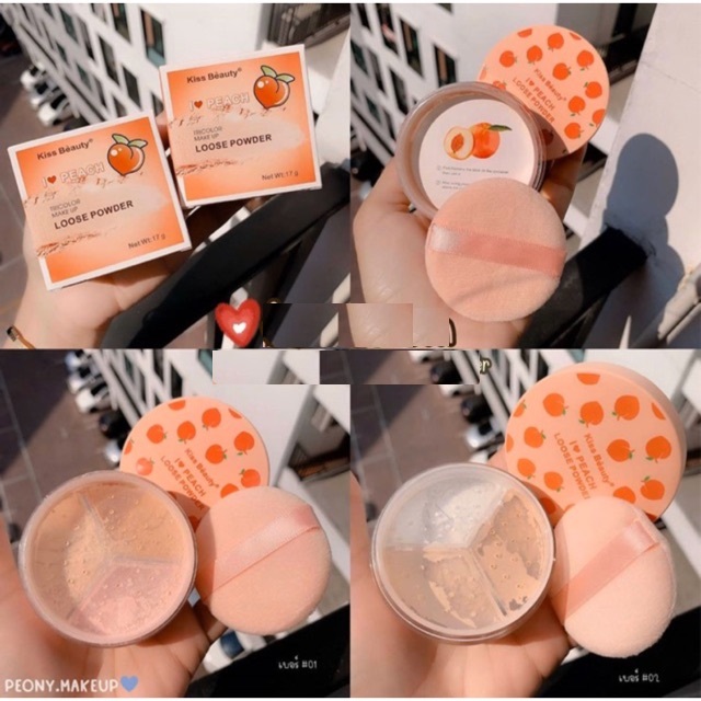 Một Hộp Phấn Phủ Dạng Bột Ba Ngăn Kiss Beauty Peach Tặng Kèm Bông Phấn 