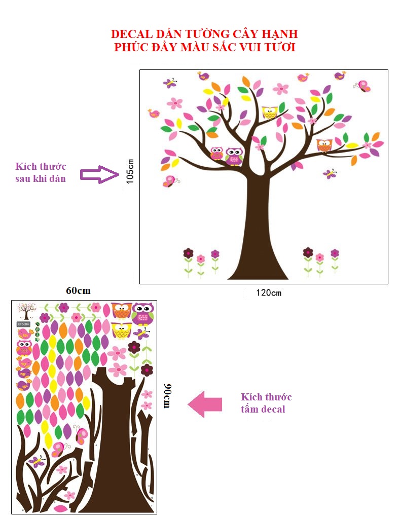Decal dán tường cây hạnh phúc đầy màu sắc vui tươi