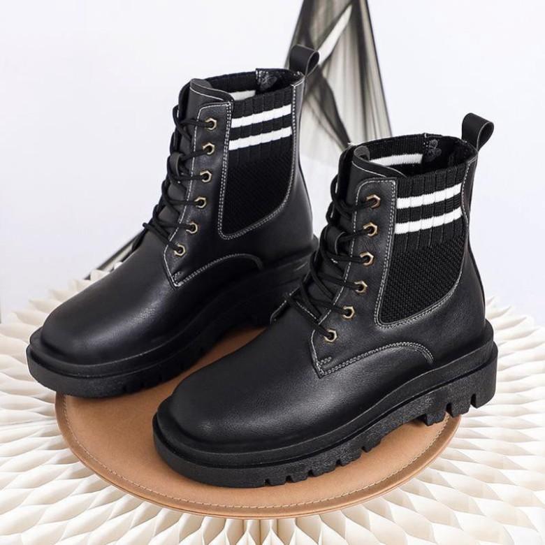 Freeship Giày bốt cổ thấp Martin cho nữ, boots cổ thấp có dây màu đen cổ tròn phối len