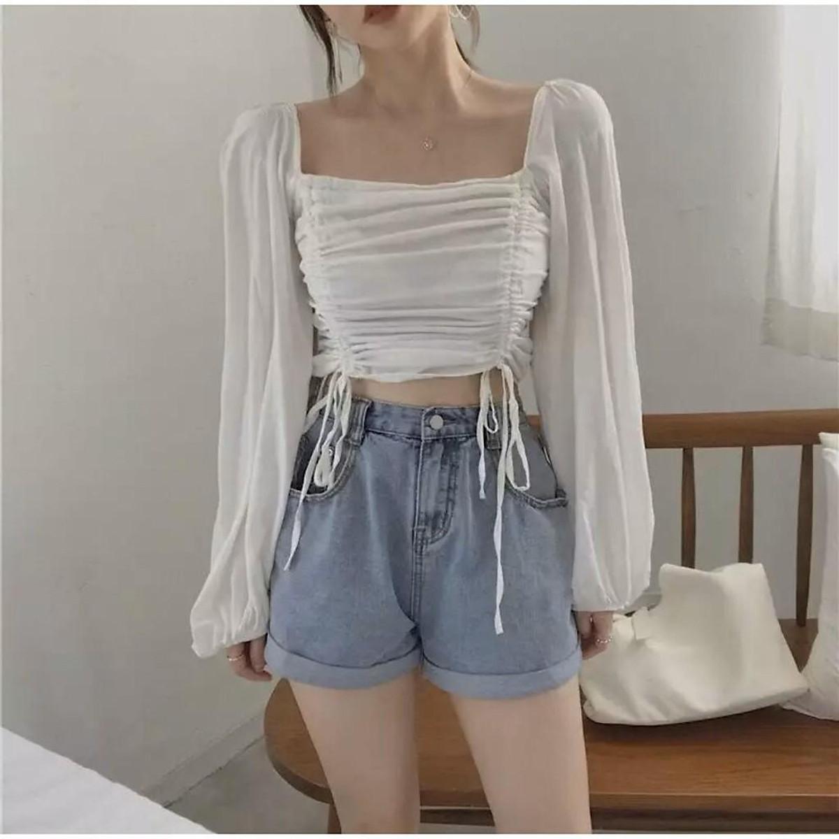ÁO BẸT VAI CROPTOP RÚT NGỰC TRƠN BASIC - ÁO KIỂU CRT ULZANG HOT GIRL