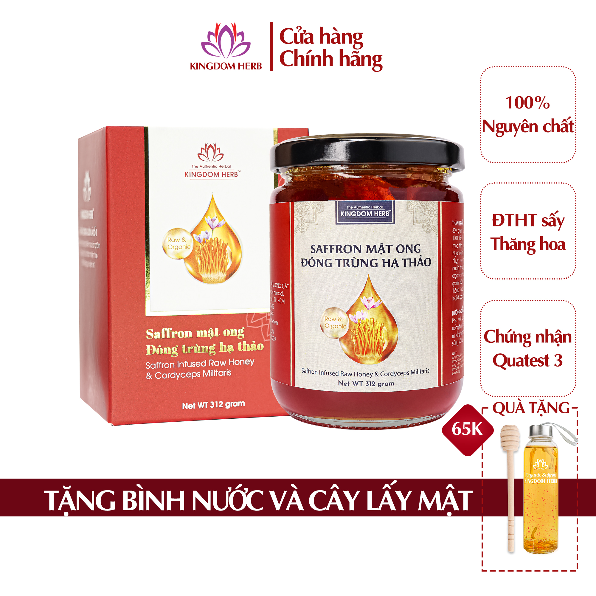 Saffron mật ong đông trùng hạ thảo Kingdom Herb chính hãng thượng hạng hộp 312g (tặng bình thuỷ tinh và cây lấy mật)