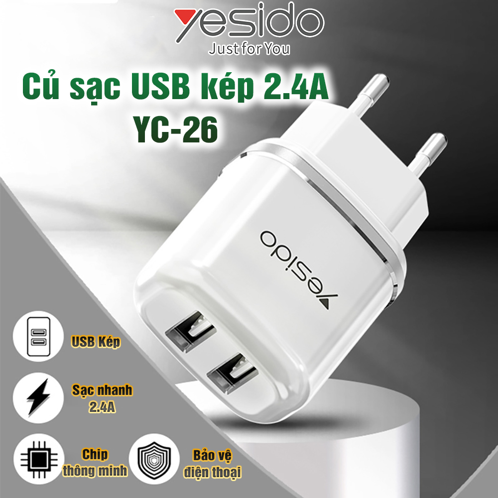 Củ sạc đa năng Yesido YC-26 2 cổng USB 2.4A Hàng Chính Hãng