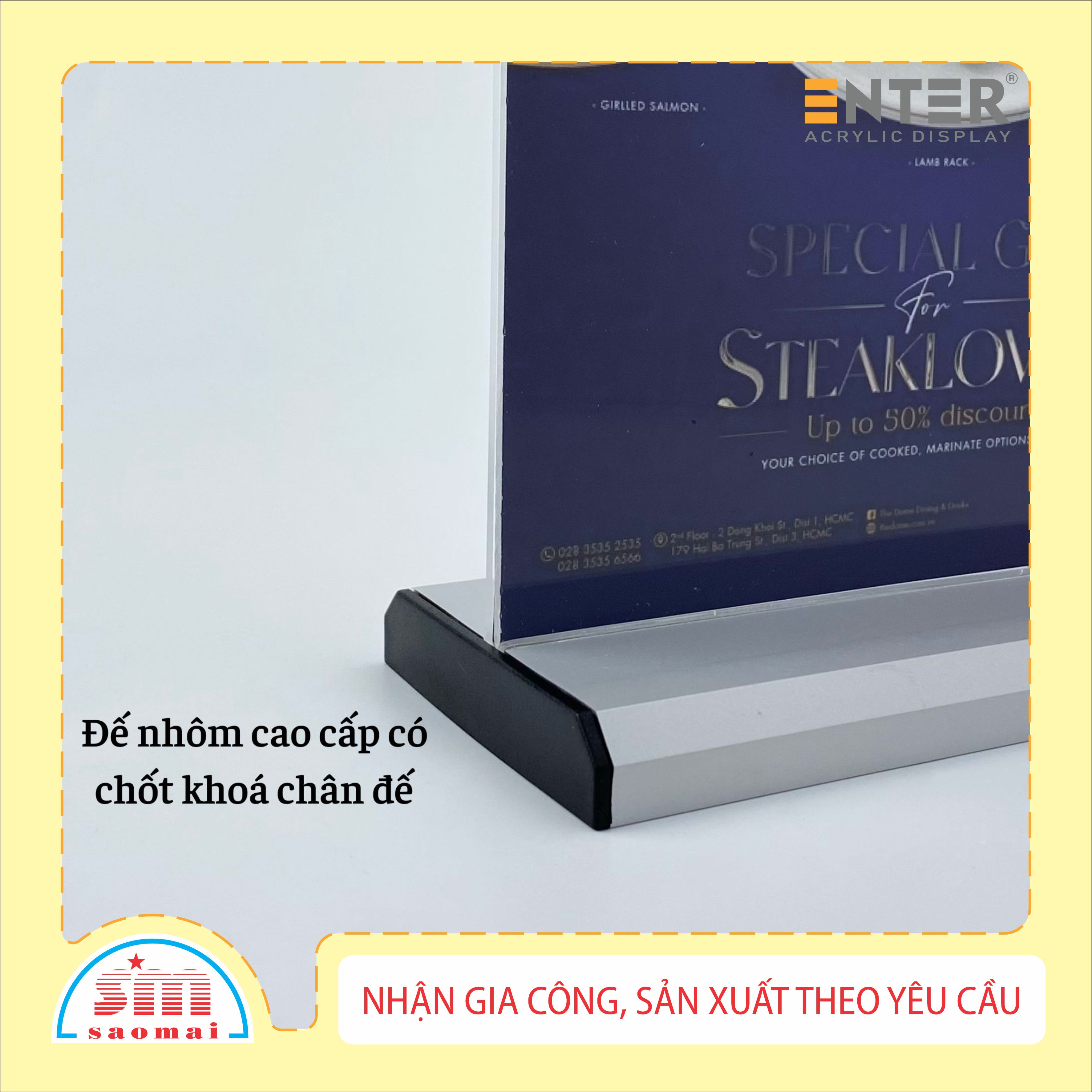 Kệ menu nhà hàng, Standee mica để bàn, Bảng quét mã QR Code, Kệ mica 2 mặt Enter E29 210x300mm đế nhôm A4 đứng