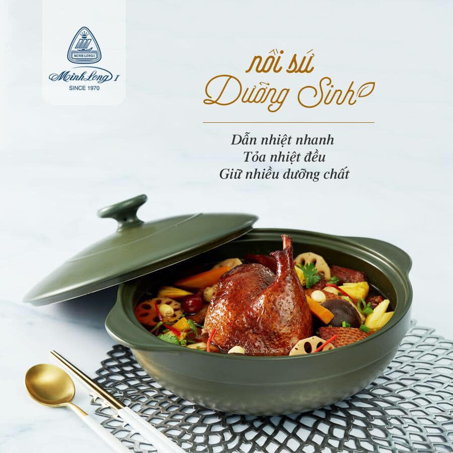 Nồi Sứ Dưỡng Sinh Minh Long - Luna cao cấp - 3.0 L - dùng cho Bếp Ga, Hồng Ngoại, có nắp đậy, tráng men màu sứ xanh rêu, có thể kho cá, hầm cháo - nồi đất