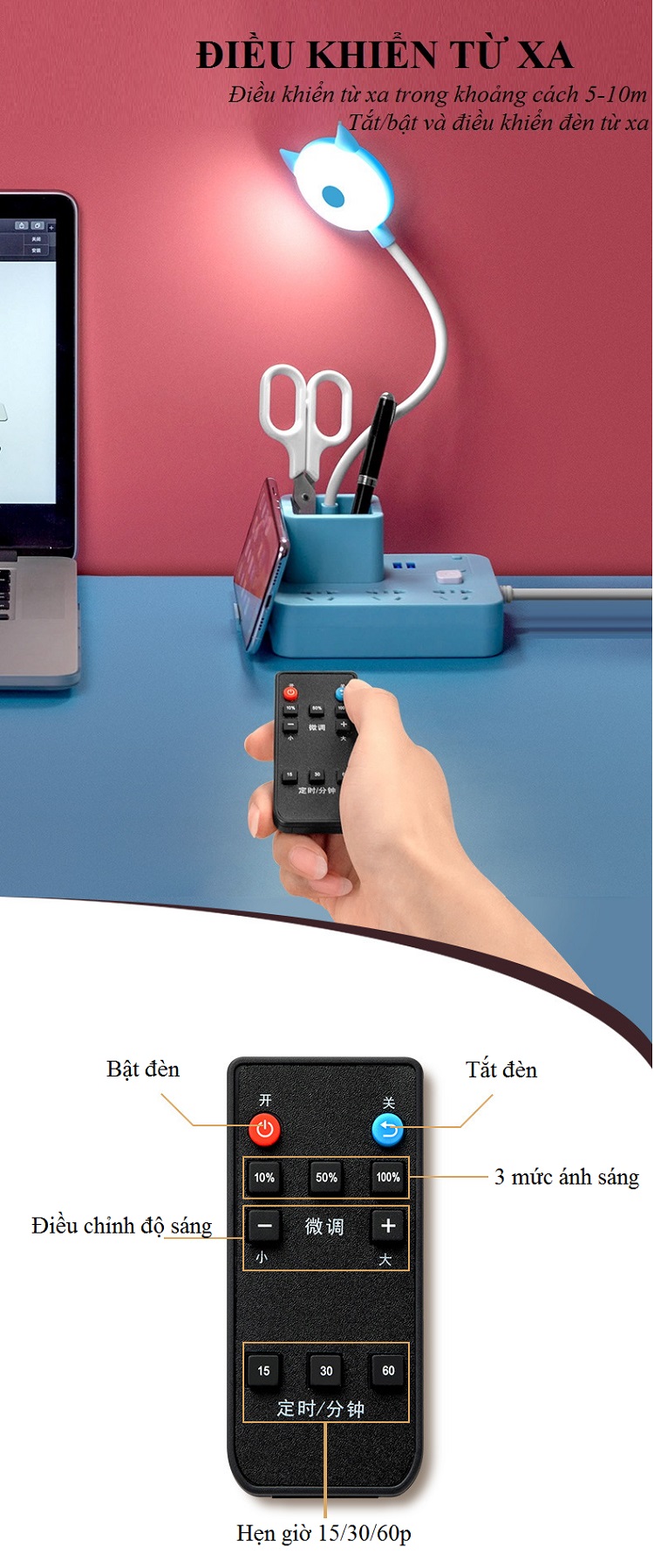 Ổ cắm điện đa năng kiêm hộp đựng bút và đèn bàn có điều khiển từ xa T3