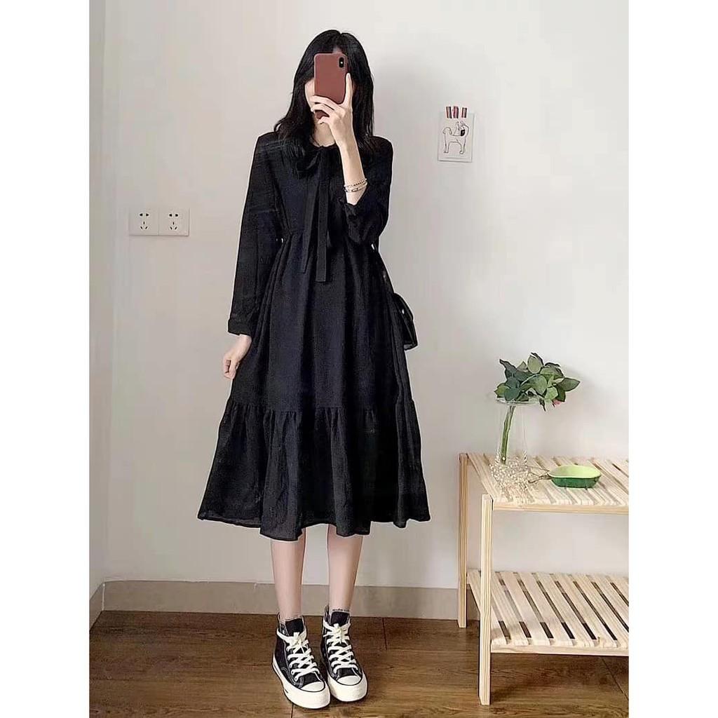 Đầm midi buộc nơ 3 tầng nữ - Váy tay dài viền bèo thiết kế nhẹ nhàng bánh bèo tiểu thư SIÊU HOT ! *