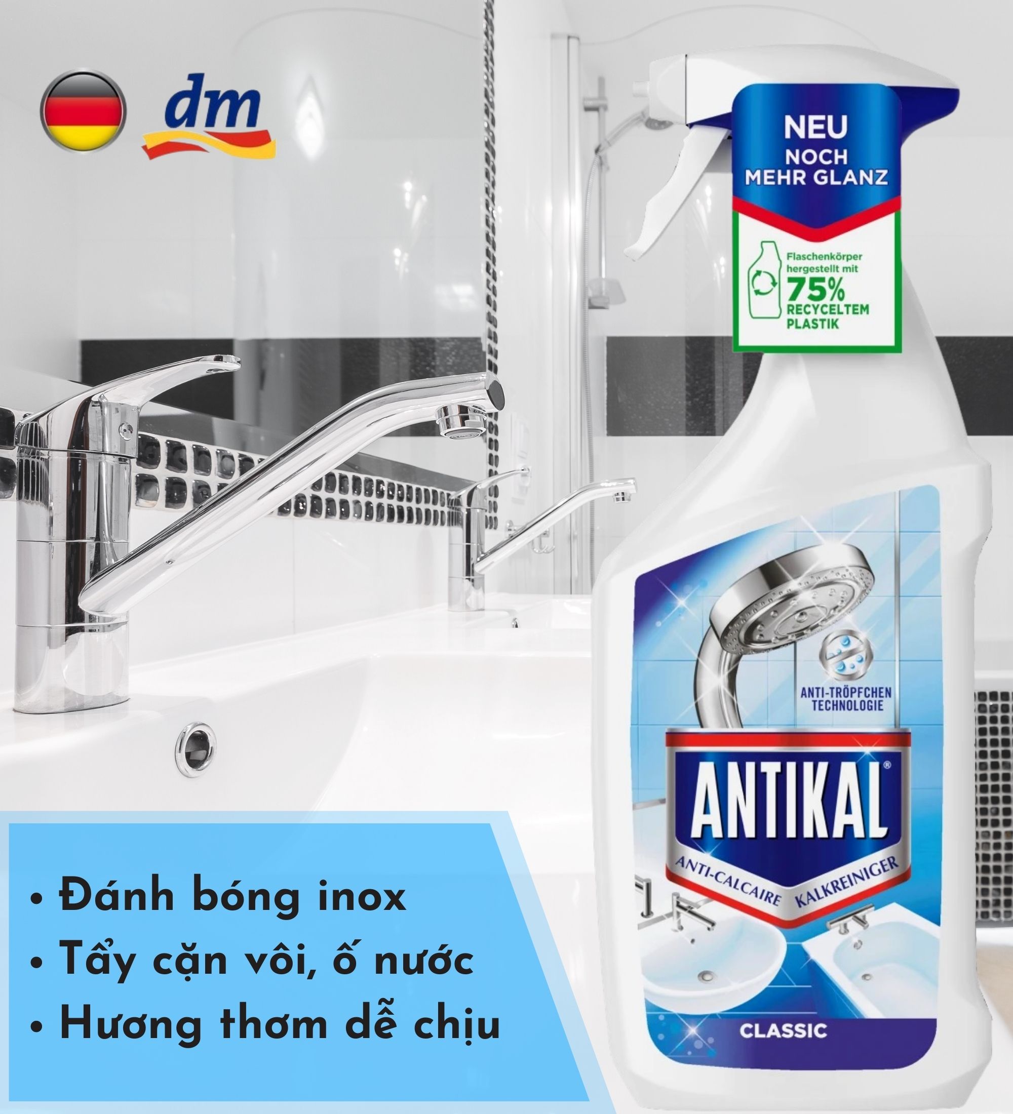 Bình xịt dung dịch tẩy cặn bám trên đồ inox trong nhà tắm Antikal Kalkreiniger, 750 ml - hàng nhập khẩu Đức