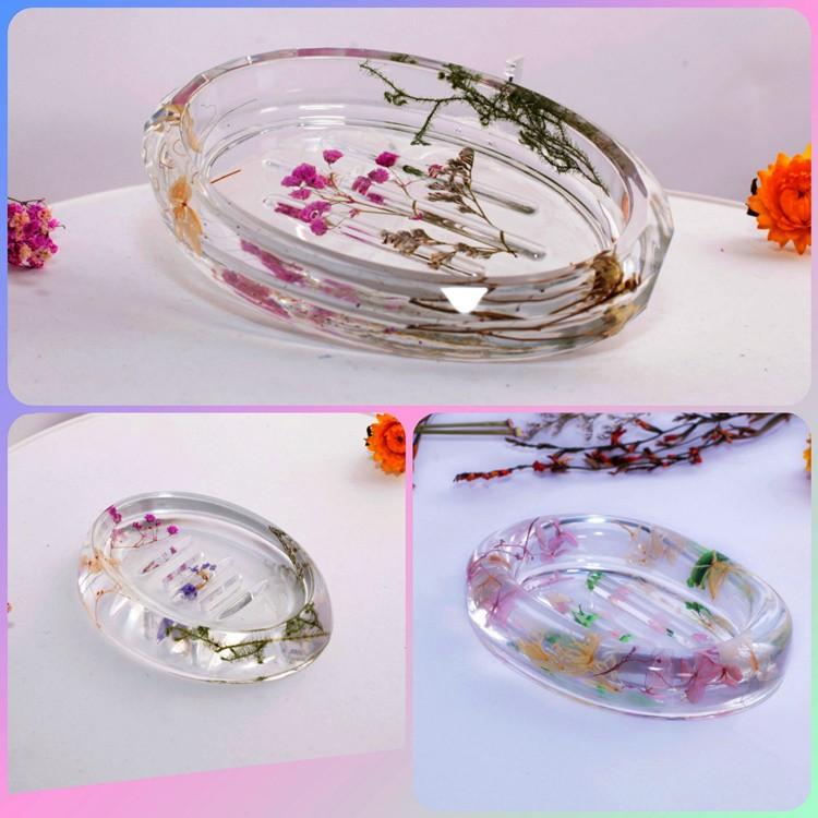 Khay xà bông xà phòng hình oval handmade hoạ tiết hoa khô resin epoxy trong suốt