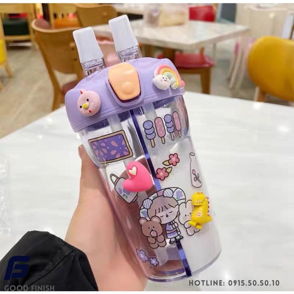Bình nước 2 ngăn dễ thương cho bé yêu tặng kèm sticker 2d, 3d và co rửa ống hút FG Good Finish .Có dây đeo đồng màu đẹp mắt.