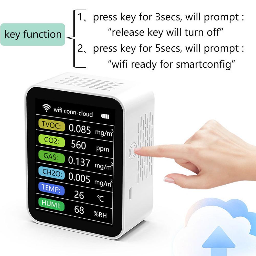 Tuya WiFi Portable Home Office Indoor Desktop Air Quality Detector 6 In 1 Multifunctional Detector TVOC CO2 Gases CH2O Temperature Humidity Detecting Intelligent Linkage Mobilephone APP Remotes Viewing