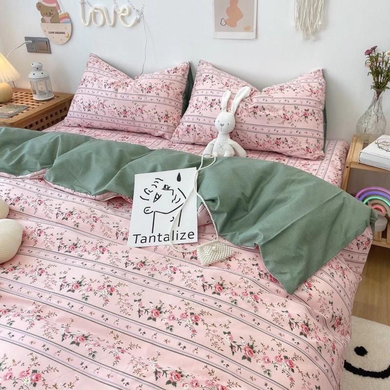 Bộ Chăn Ga Gối Cotton Living 100%cotton Hàng Nhập khẩu Cao Cấp 4 Món Hoa Hồng Vintage