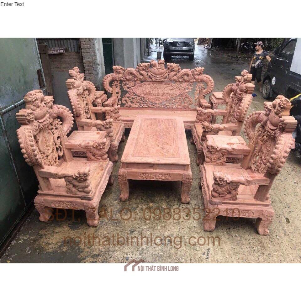 Bộ Bàn Ghế Gỗ Phòng Khách Nghê Đỉnh Tay Khuỳnh Gỗ Hương Đá 10 món