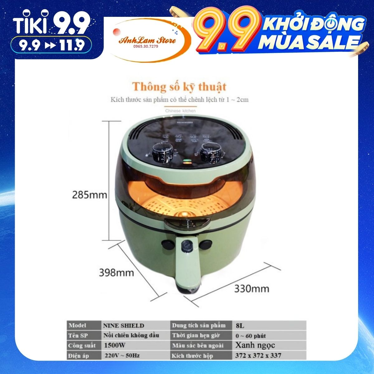 NỒI CHIÊN KHÔNG DẦU NINE SHIELD KB-6001 LOẠI CƠ 8LÍT THẾ HỆ MỚI NHẤT 2021 [HÀNG CHÍNH HÃNG] - ANHLAM STORE