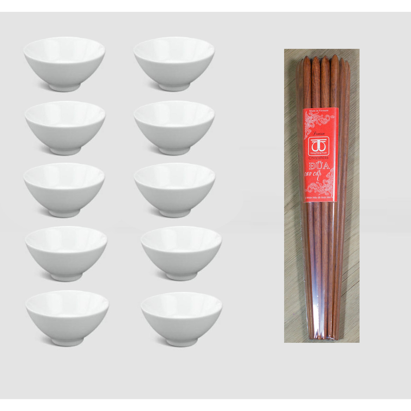 BỘ 10 BÁT CƠM BÁT SỨ CAO CẤP VÀ 10 ĐÔI ĐŨA ĐẸP ĐŨA SẠCH GỖ CẨM
