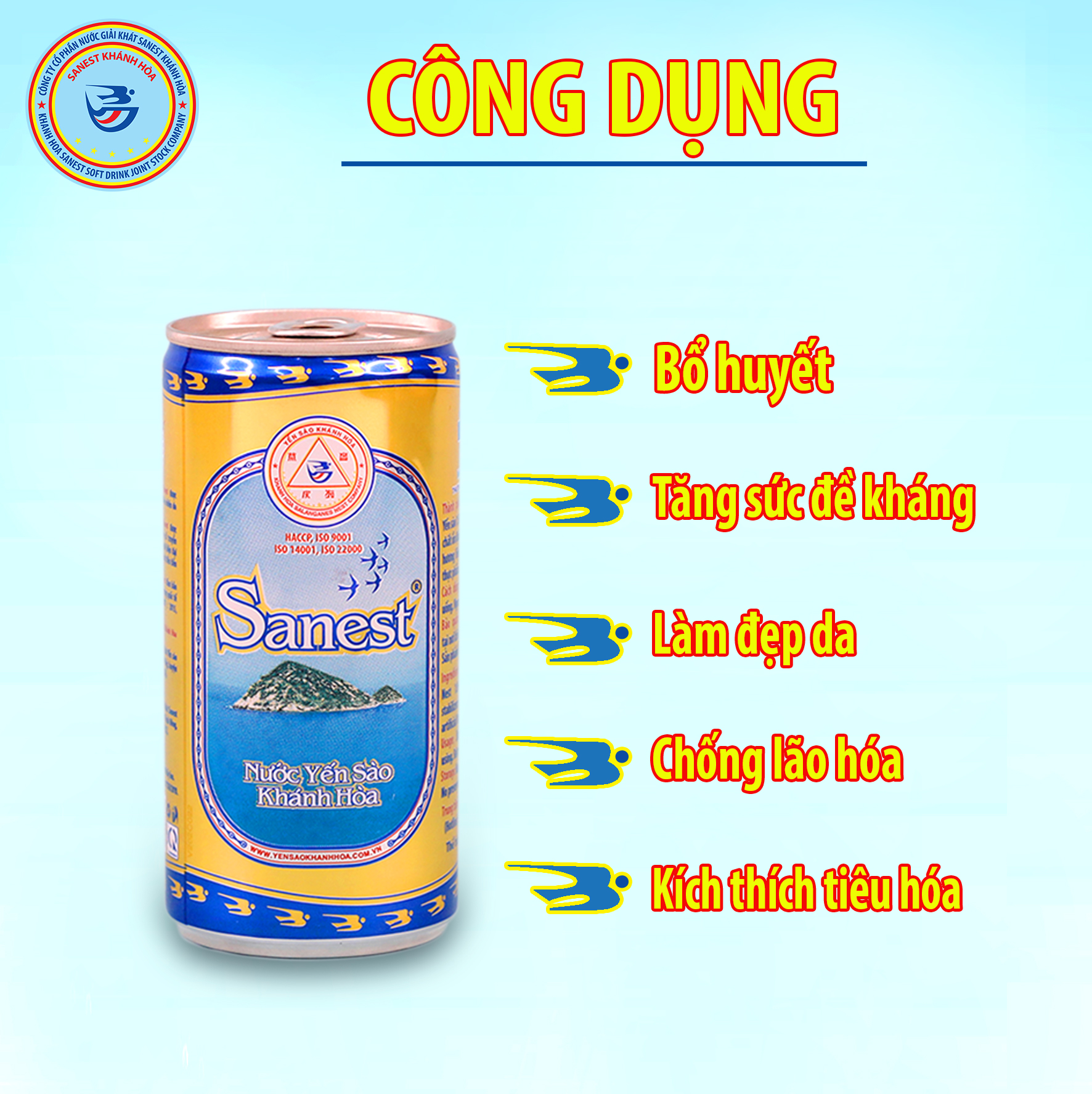 Hộp 10 lon Nước Yến sào Khánh Hòa Sanest Xuân có đường - Đóng lon 190ml