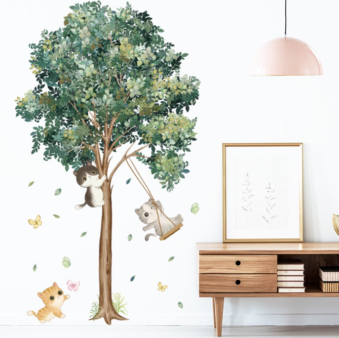 Decal trang trí tường - Chú mèo ngồi xích đu trên cây xanh