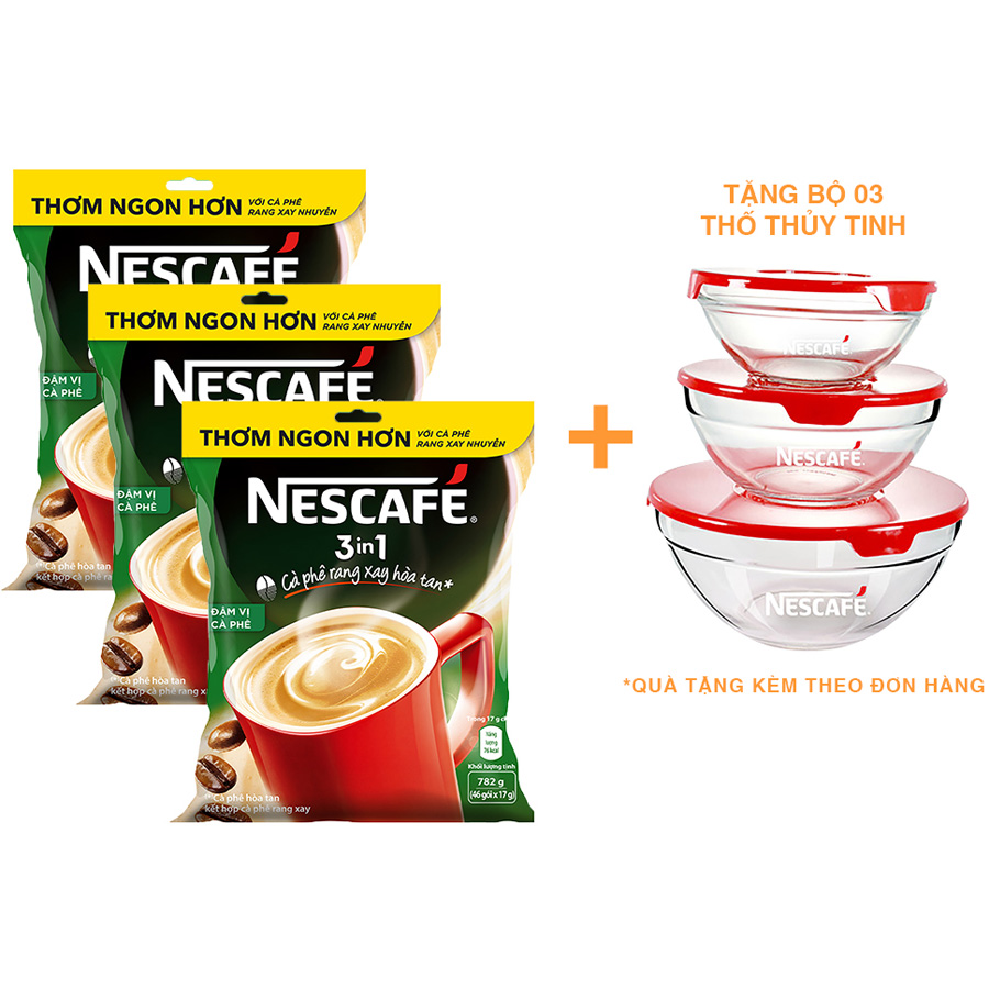 Combo 3 cà phê rang xay hoà tan Nescafé 3in1 Vị Rang Đậm (Bịch 46 gói x 17g) [Tặng bộ 3 thố thuỷ tinh Nescafé]