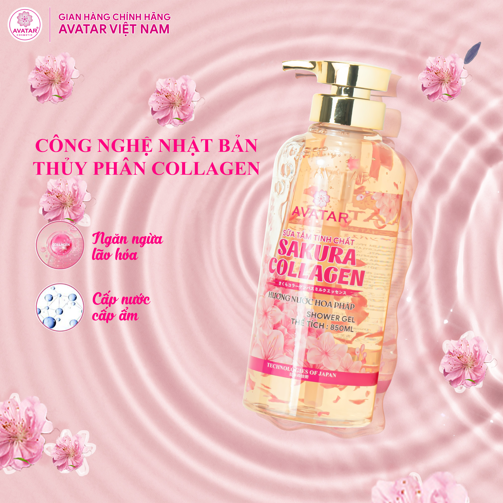 Sữa Tắm Avatar Tinh Chất Sakura Collagen Hương Nước Hoa Pháp Phục Hồi Da Khô, Chống Lão Hóa 850ml