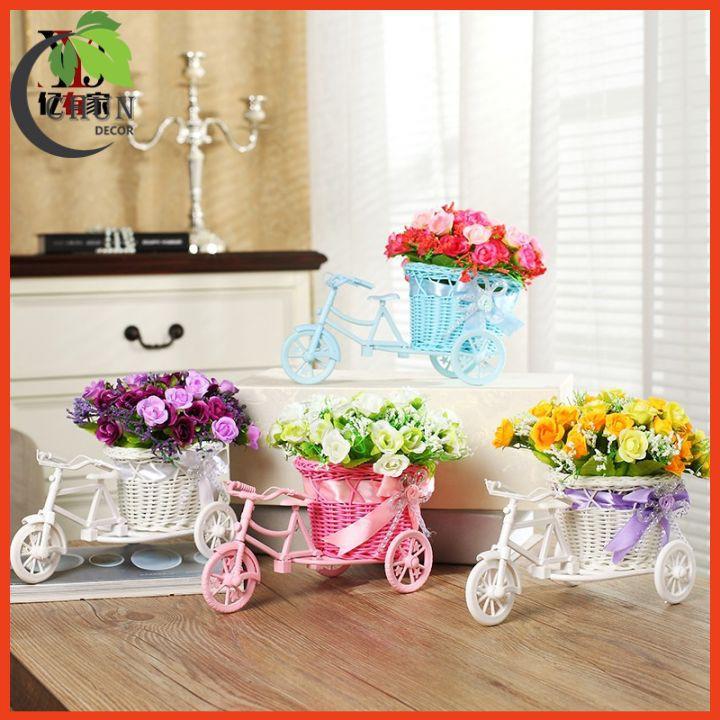 Giỏ hoa lụa - Xe đạp hoa hồng tỉ muội để bàn cao 20cm trang trí nhà cửa