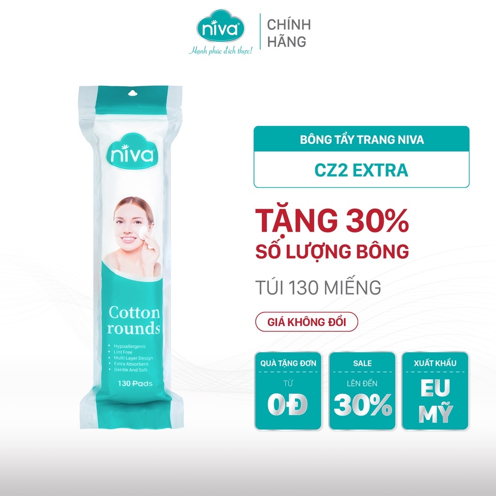 COMBO 10 Túi 130 Miếng Bông Tẩy Trang Tròn NIVA Cao Cấp Cz2 Bông Tự Nhiên 100% Mềm Mại An Toàn Cho Da Nhạy Cảm