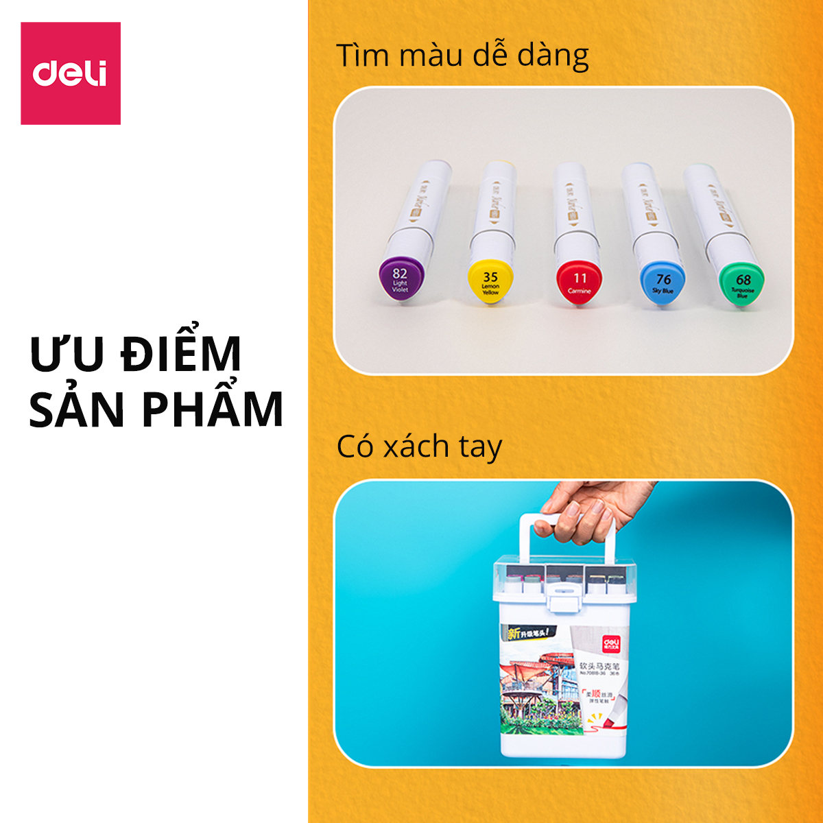 Bút Màu Dạ Marker 2 Đầu Chuyên Nghiệp Deli - Kèm Hộp Nhựa - 24/36/48/60 Màu Đậm, Mực Đều - Tô Màu, Đi Nét, Vẽ Tranh