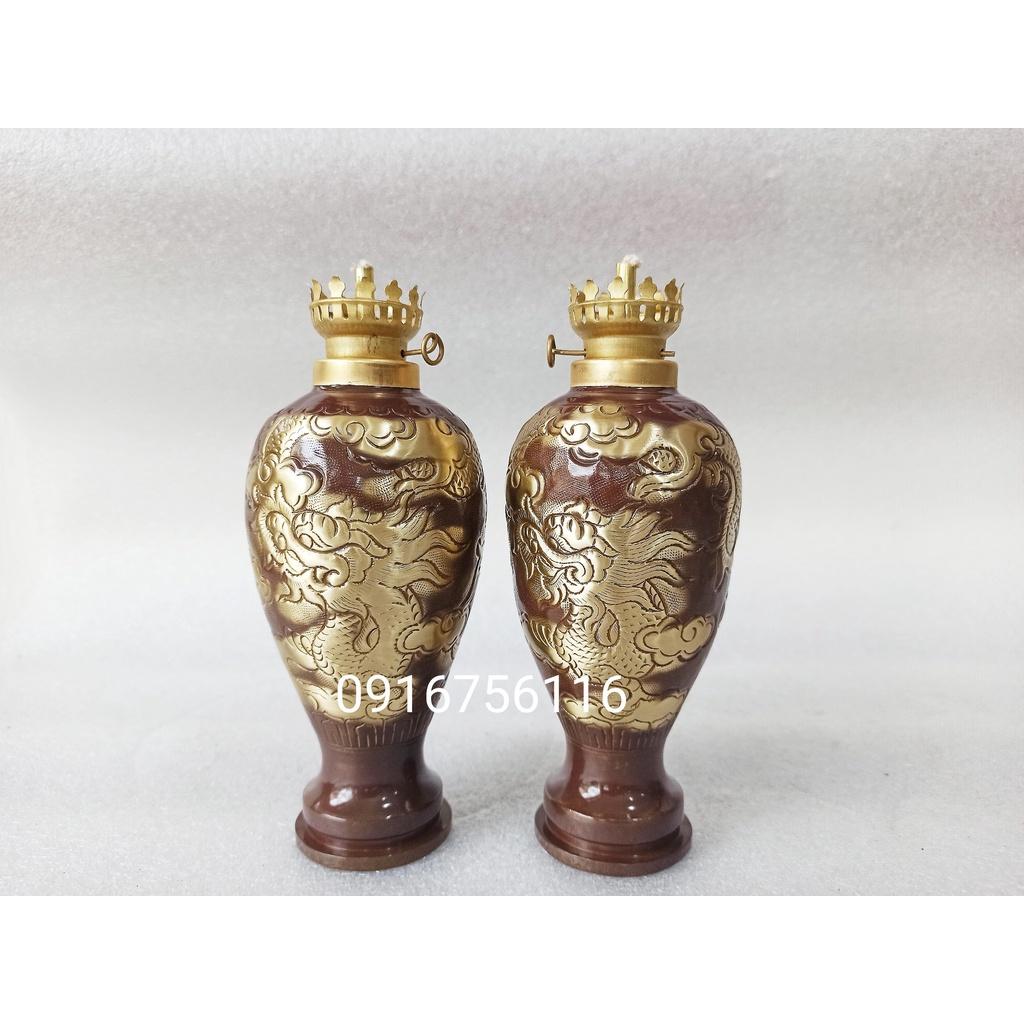Đèn Dầu 29cm bằng Đồng, Đèn Dầu Chạm Long Phụng 29cm cả bóng, Đèn Thờ Cúng Bằng Đồng Đốt Dầu