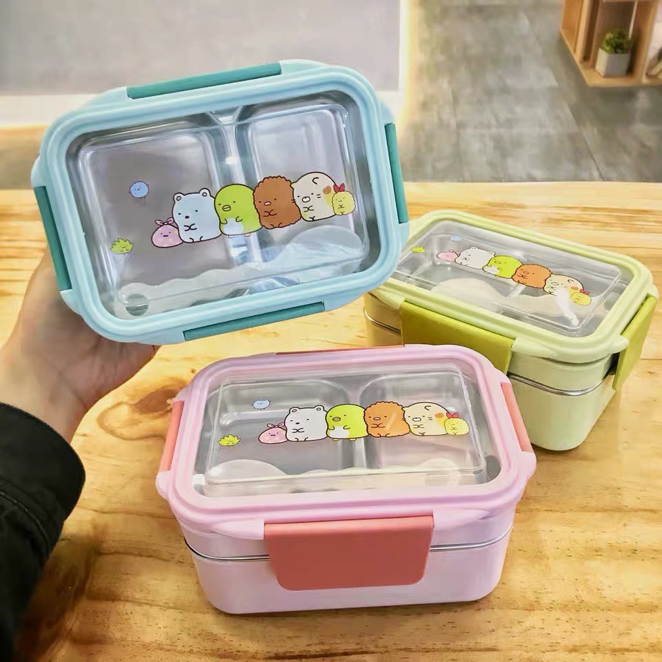 Hộp đựng cơm hai tầng chia ngăn ruột bằng inox tặng kèm thìa nhựa  - ANTH218
