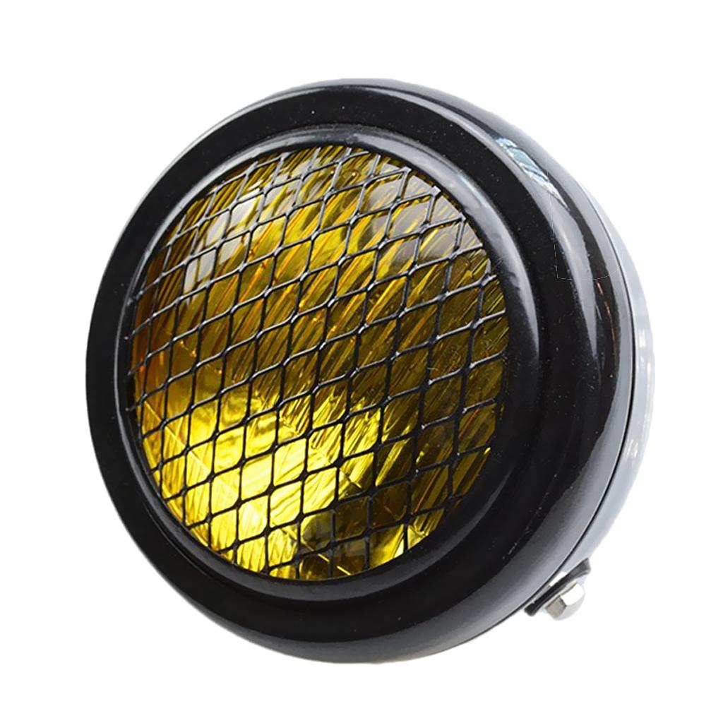 Black Metal Motorcycle Retro Amber Headlight Head Lamp With Grill Cover