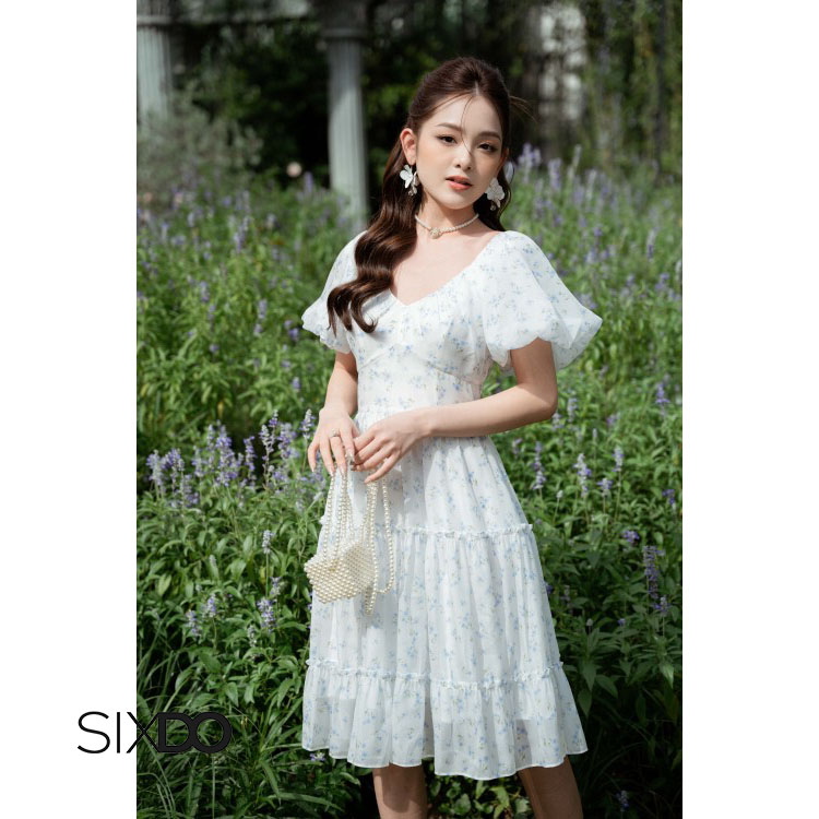 Đầm hoa nhí cổ V tay bồng thời trang SIXDO