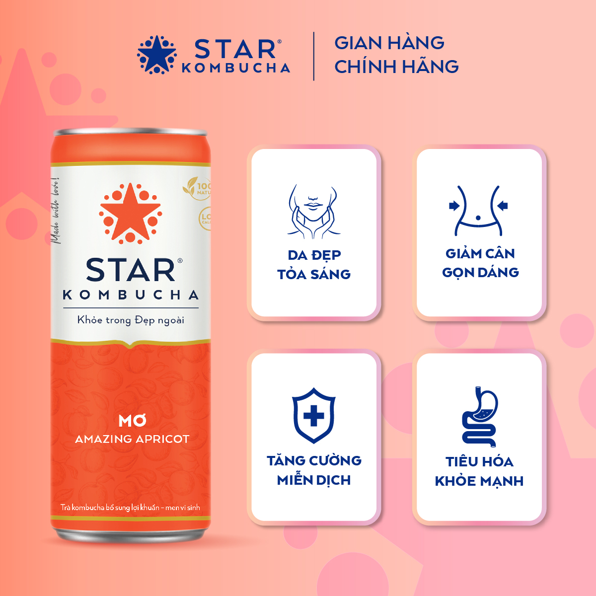 Thùng 12 lon thức uống lên men STAR KOMBUCHA Mơ/ Amazing Apricot Bật
