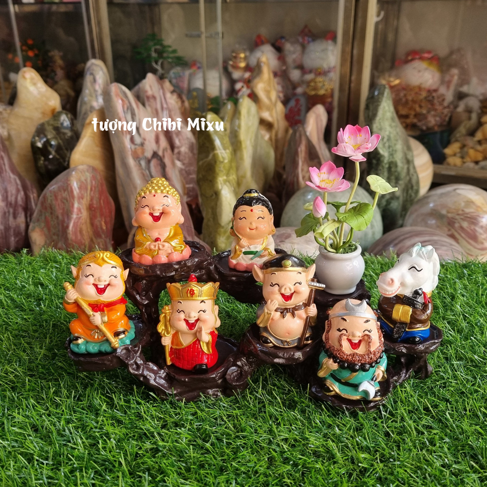 Bộ 07 tượng Tây Du Ký kèm chậu hoa sen và chân đế 08 ô y hình