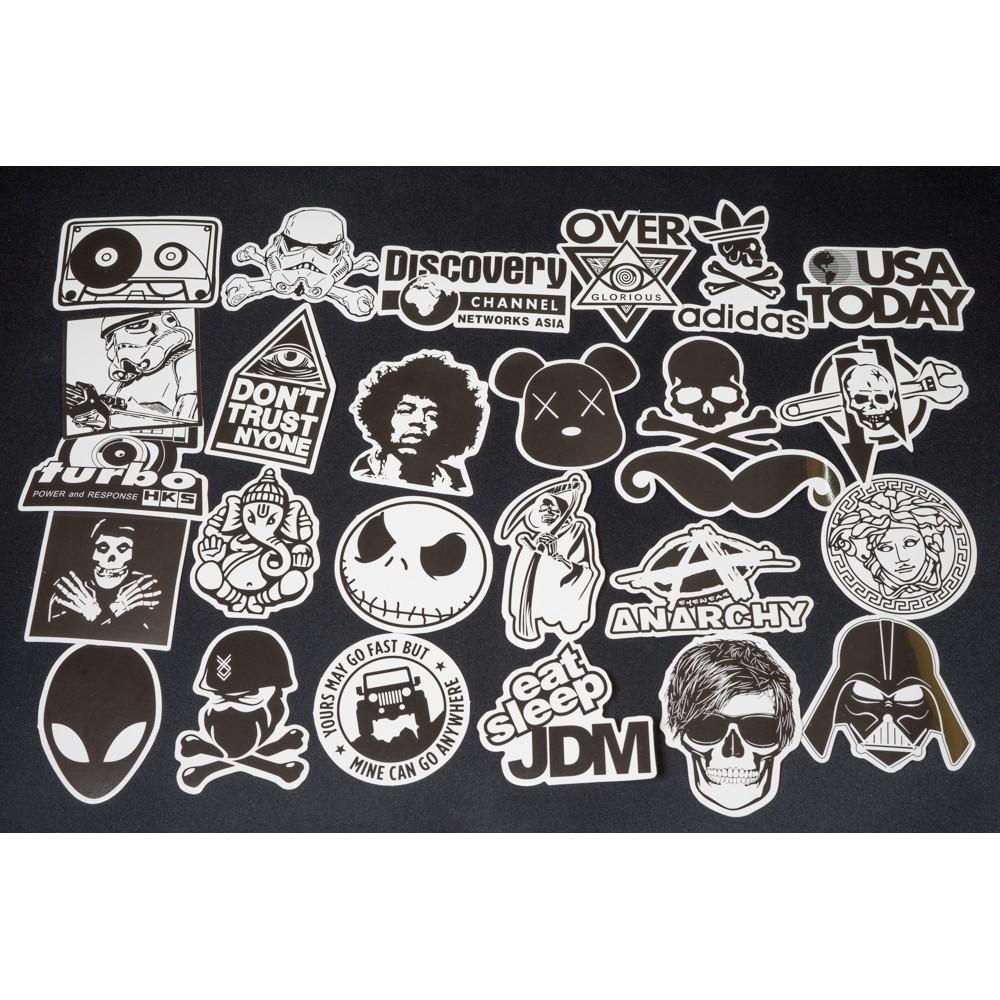 Bộ 10 20 50 sticker trắng đen black white stickers cao cấp trang trí Vali Laptop Mũ Bảo Hiểm Xe Máy Xe Đạp Đàn