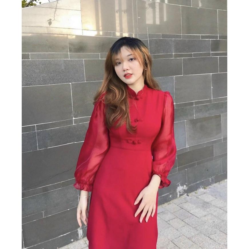 Đầm đỏ cổ tàu phối tay voan dự tiệc tay dài