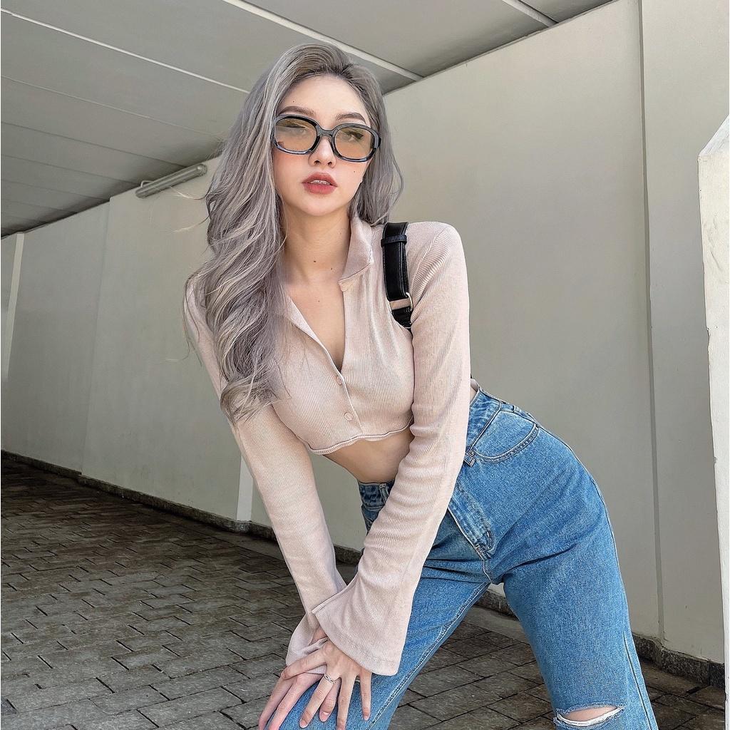 ┋♘Áo croptop nữ body dài tay TOPTIFY cổ polo hai nút viền ngực Shelby Top A216