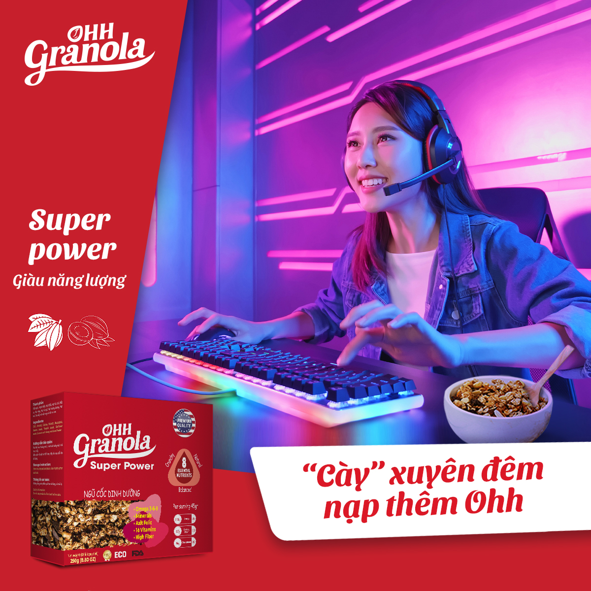 [Combo 2 Ngũ Cốc Tăng Cơ Giàu Năng Lượng] Phối trộn Chocolate đen và Coconut, dòng Super Power - Ohh Granola, Tiêu Chuẩn FDA Hoa Kỳ, Hộp 250g